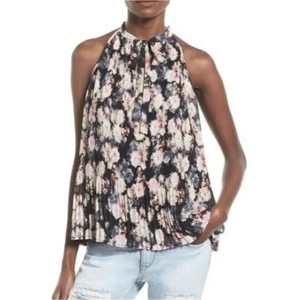 NWOT Nordstrom Leith Sz Large Pleated Sleeveless Black Floral Blouse‎